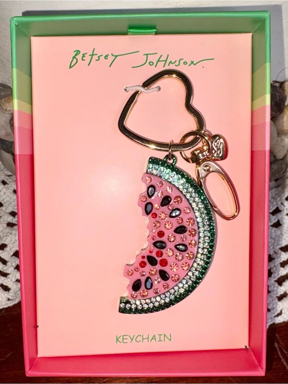 Betsey Johnson Pink & Green Watermelon Crystal Keychain with Gold Heart Ring